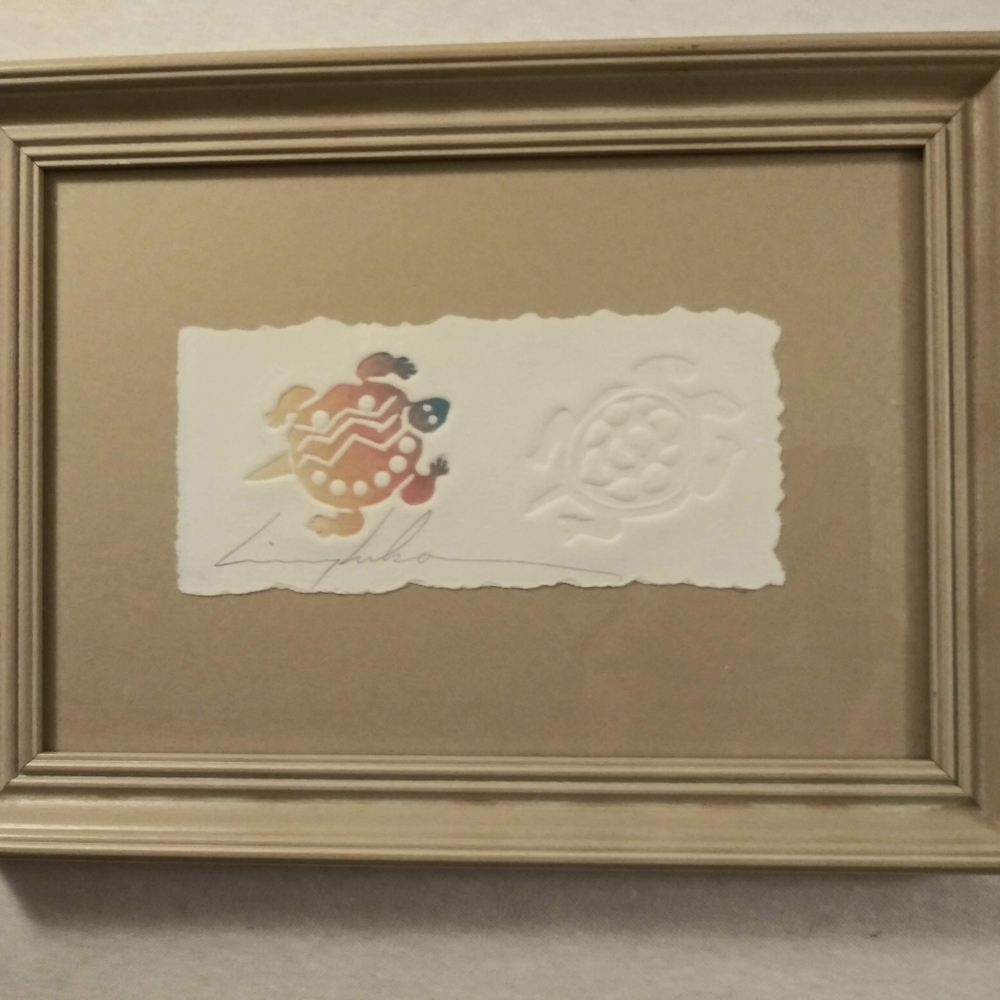 KING KUKA signed Colorful FETISH TURTLE Embossed Torn Paper 8X11 Frame/Mat